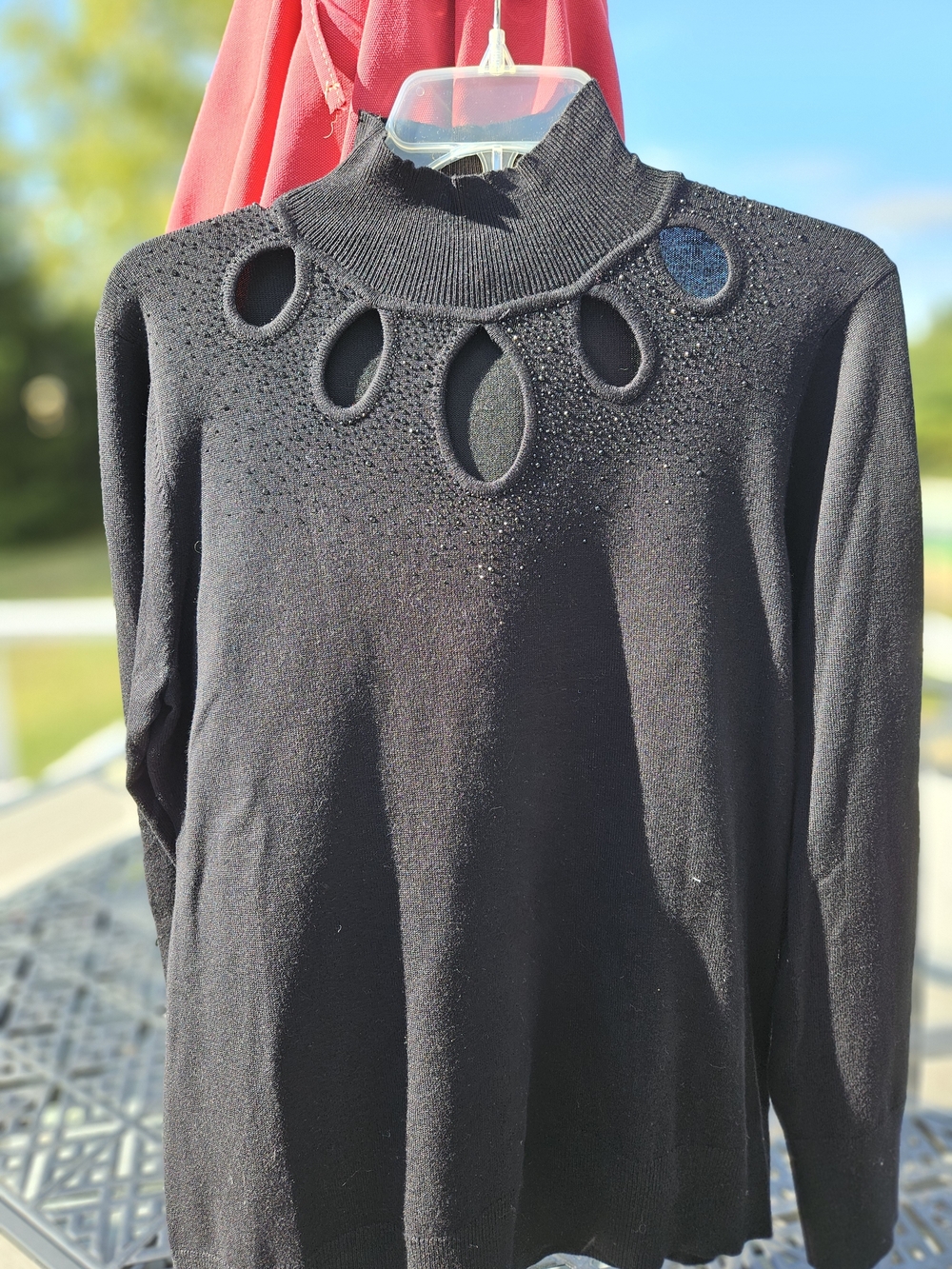 Cable & Gauge Black Cutout Turtleneck Sweater with Embellished Neck